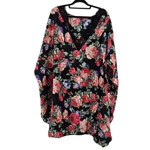 Vintage Black Floral Print Kimono Kaftan MuuMuu Cover‎ Up Lace Trim One Size